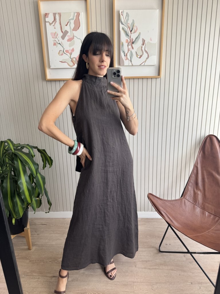 VESTIDO HOLTER CHOCO 100% LINO