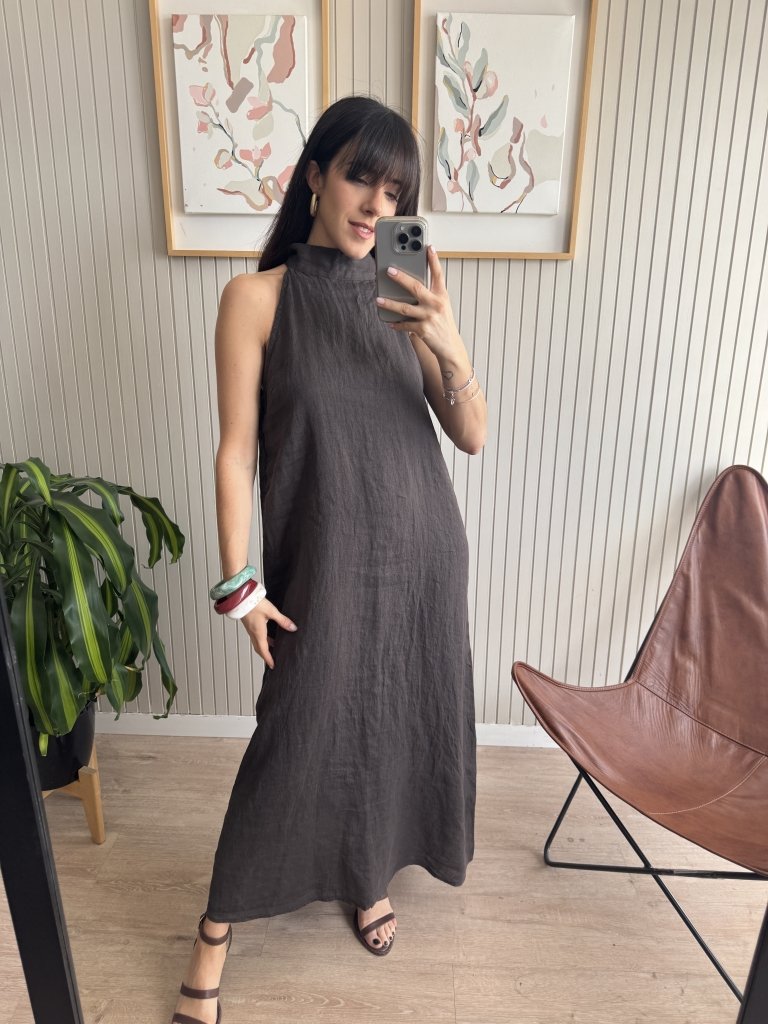 VESTIDO HOLTER CHOCO 100% LINO - Image 2